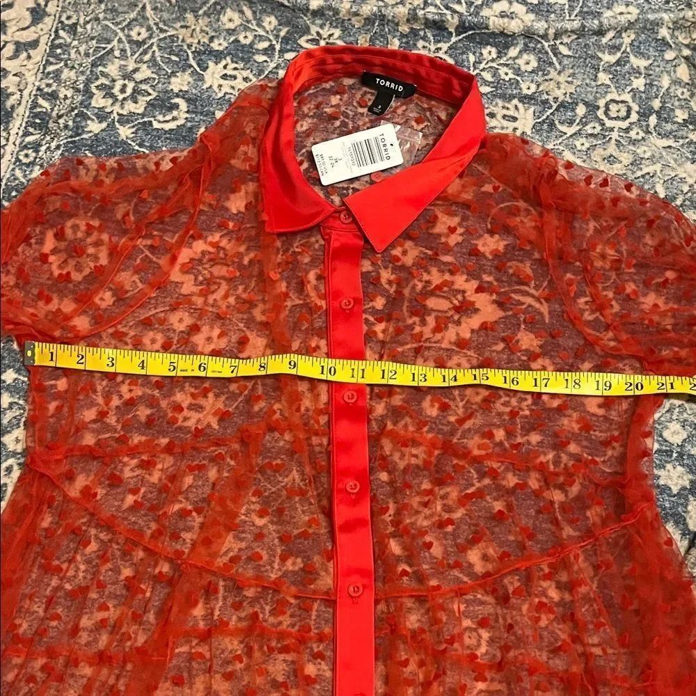 Torrid Heart Design Red Sheer Mesh Long Sleeve Button Kimono Romantic Modern NWT - Picture 12 of 16